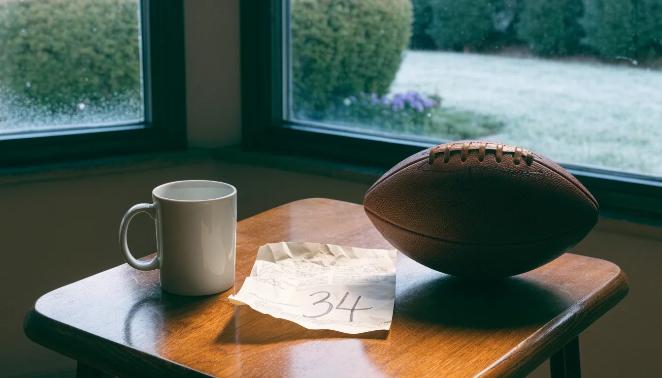 Ein Kaffeebecher und ein Football stehen auf einem Küchentisch am Morgen, durch das Fenster sieht man einen Garten mit Raureif.