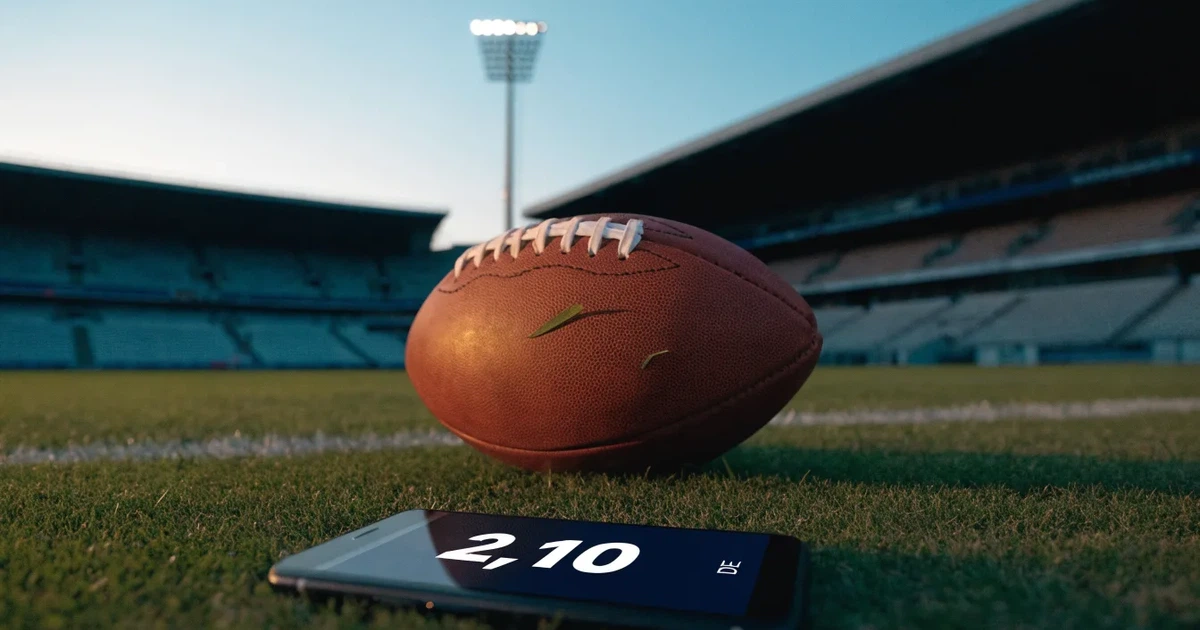 Ein ovaler Football liegt auf frisch gemähtem Rasen neben einer weissen Linie, im Hintergrund stehen leere Flutlichtmasten im Abendlicht.