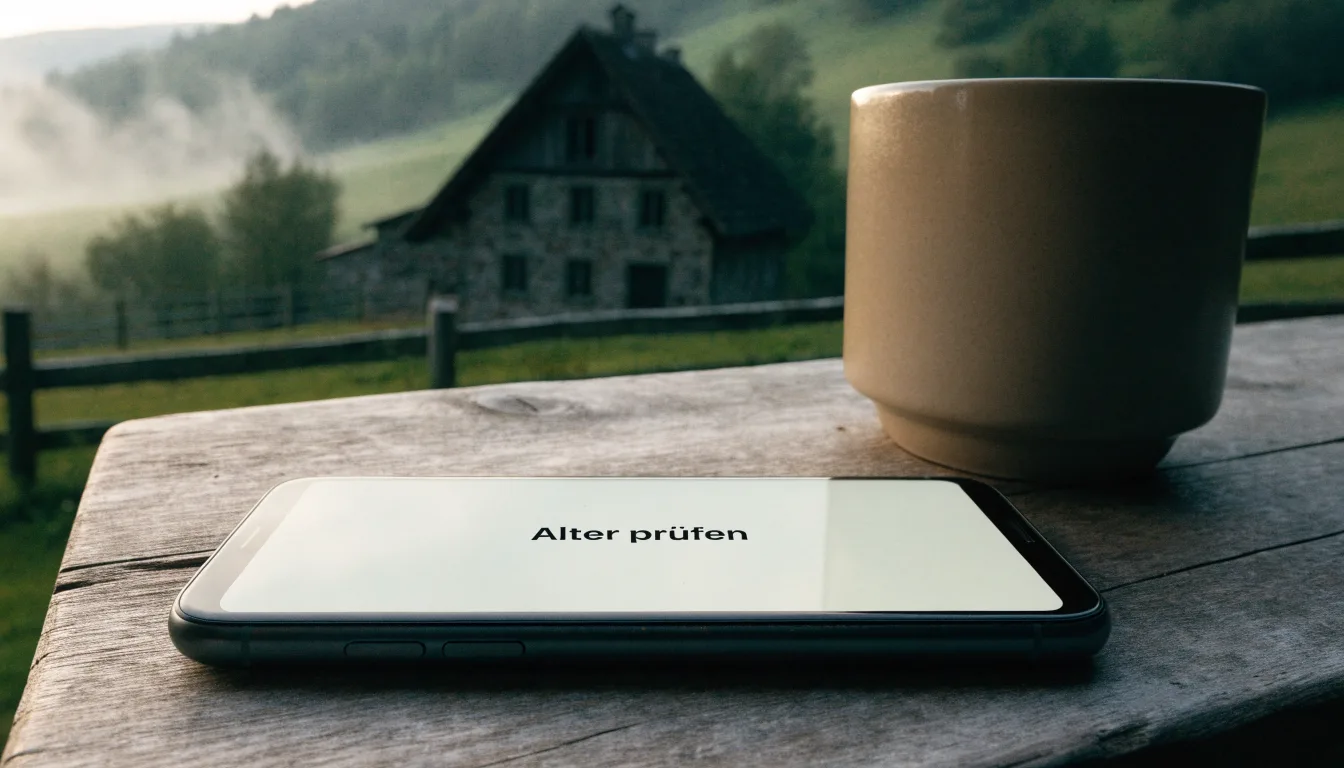 Ein Briefkasten an einem Holzzaun vor einem Bauernhaus in einer Hügellandschaft, auf den Wiesen liegt Frühnebel.