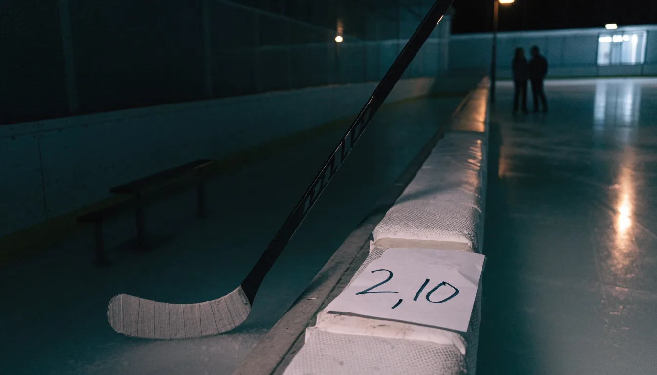 Ein Eishockeyschläger lehnt an der Bande, in der Ferne liegt die hell beleuchtete Eisfläche einer Halle unter Flutlicht.