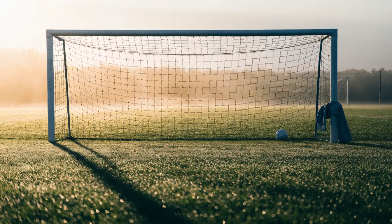 Ein Fussballtor mit Netz in der Totalen auf einem leeren Platz, Tau glänzt im Gras und die Morgensonne steht tief.