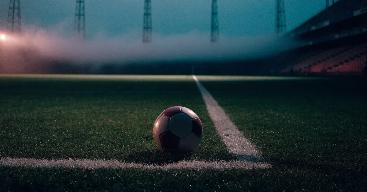 Ein Fussball liegt auf der Strafraumlinie eines nassen Rasens, dahinter stehen Flutlichtmasten im aufsteigenden Nebel.