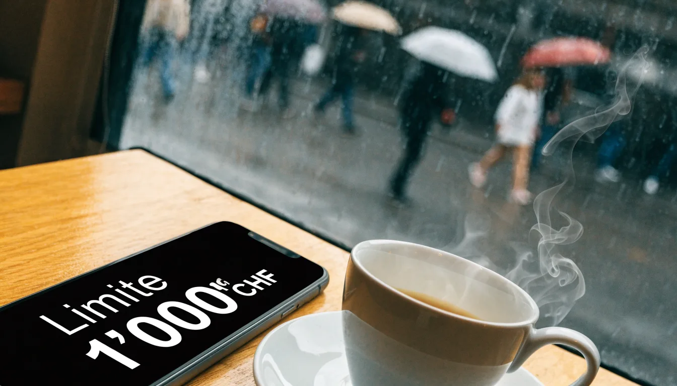 Ein Café-Tisch am Fenster mit einer Teetasse, draussen ein nasser Gehweg und Passanten mit Regenschirmen in unscharfer Ferne.