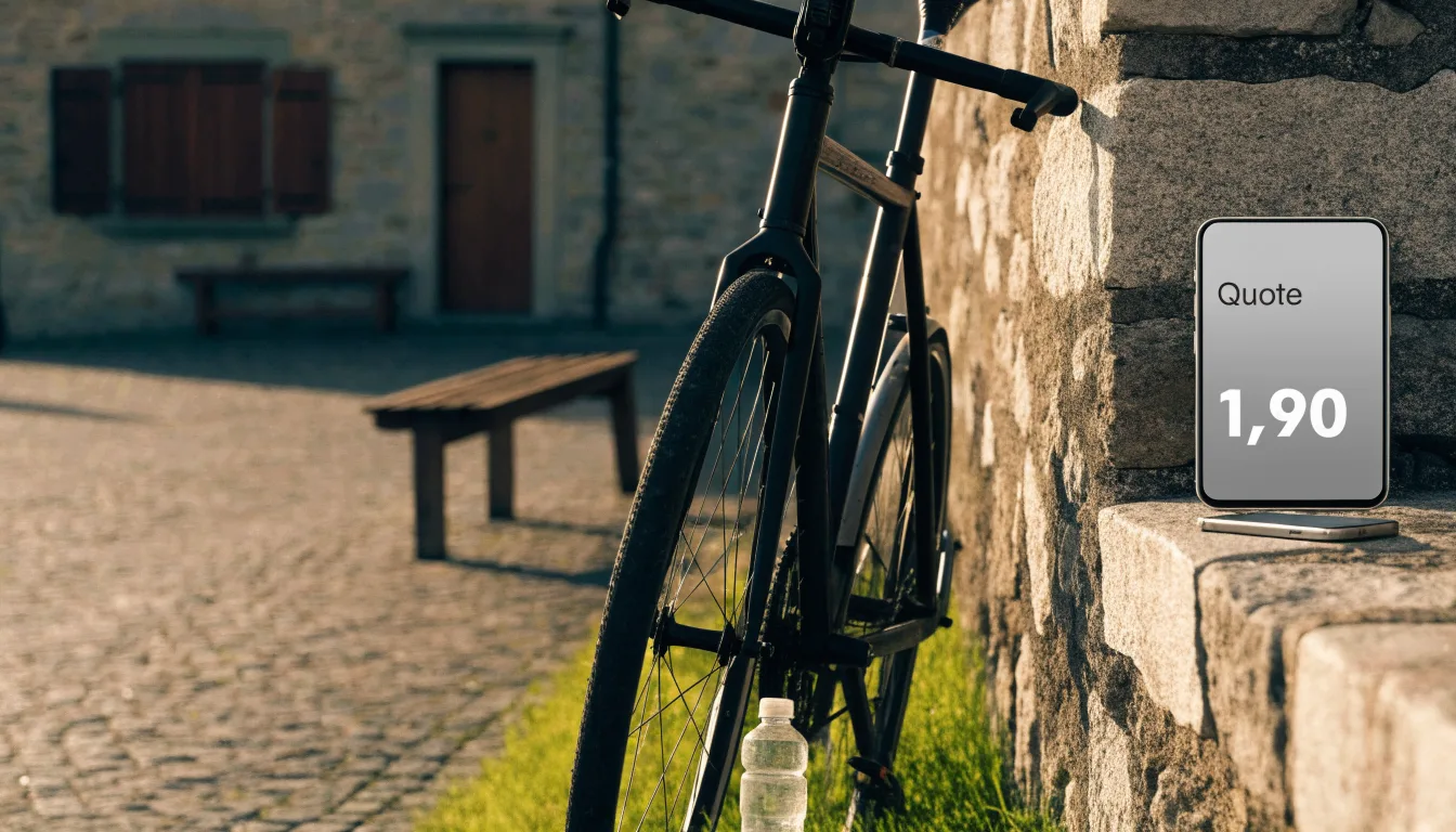 Ein Rennrad lehnt an einer Steinmauer am Rand eines Dorfplatzes, daneben eine Trinkflasche im ersten Sonnenlicht.