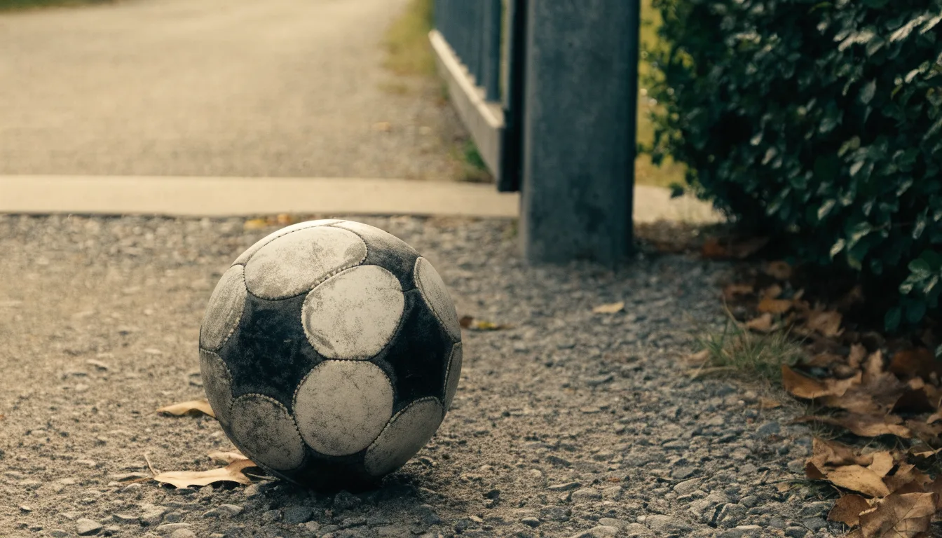 Ein abgenutzter Fussball liegt auf einem Kiesweg neben dem Eingang eines Vereinsplatzes, Laub liegt auf dem Boden.
