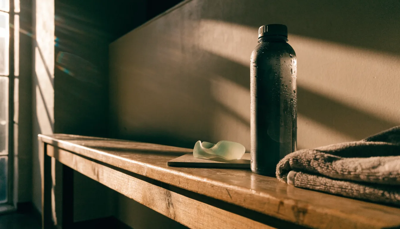 Ein Mundschutz liegt auf einer Holzbank neben einer Trinkflasche in einer schlichten Kabine, durch das Fenster fällt Morgenlicht.
