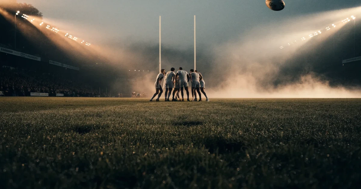 Ein ovaler Rugbyball liegt auf feuchtem Rasen vor zwei hohen Torstangen, hinter dem Spielfeld steigen Nebelschwaden auf.