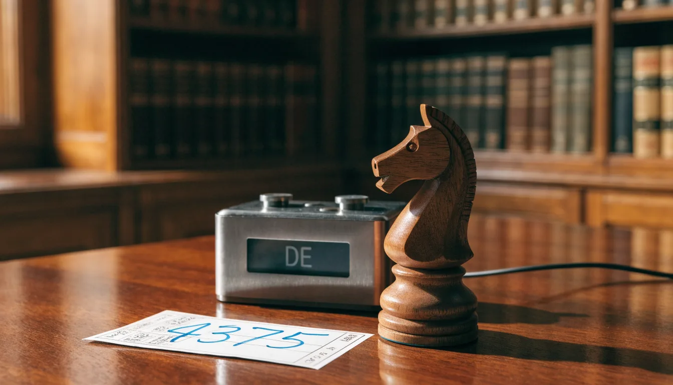 Ein Springer aus Holz steht allein auf einem Brett neben einer Schachuhr aus Metall, im Hintergrund unscharfe Bücherregale.