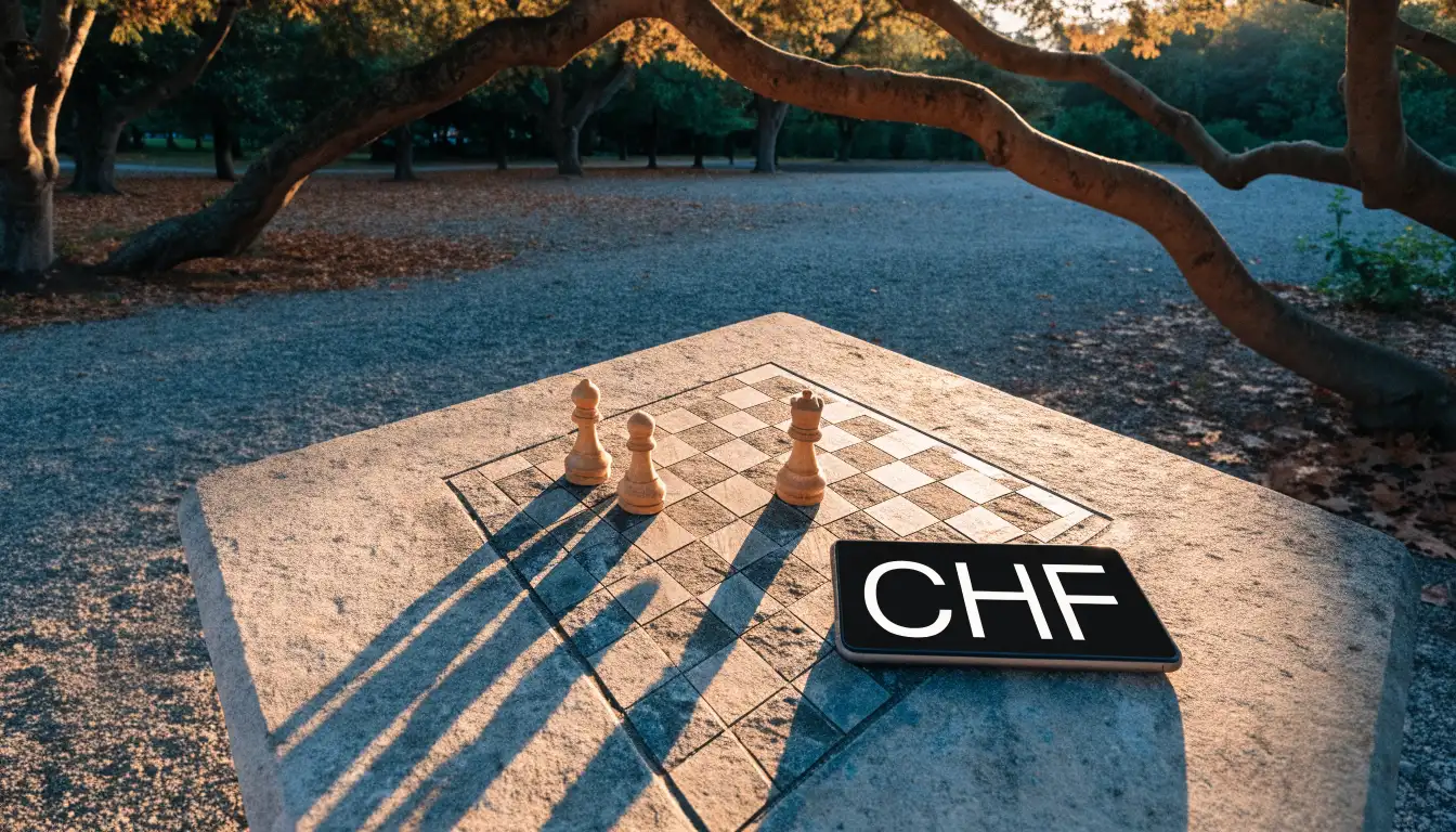 Ein Parkbank-Tisch mit eingelassenem Spielfeld unter alten Kastanien, auf den Wegen liegt Laub und die Sonne steht tief.