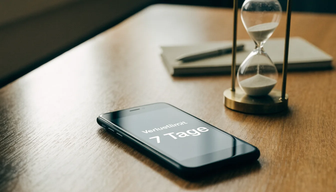 Eine Sanduhr steht auf einem Holztisch neben einem umgedrehten Smartphone, warmes Licht fällt von der Seite ein.