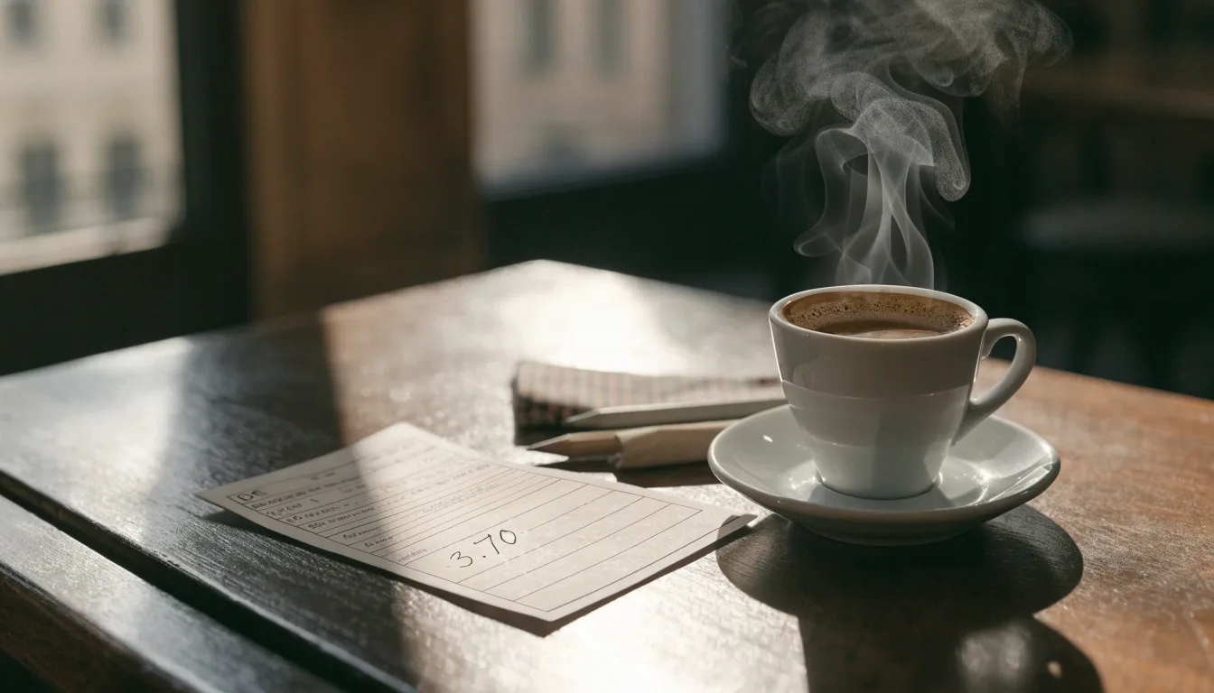 Eine Espressotasse und ein Bleistift liegen auf einem Caféhaustisch neben einer gefalteten Stoffserviette im Licht der Morgensonne.