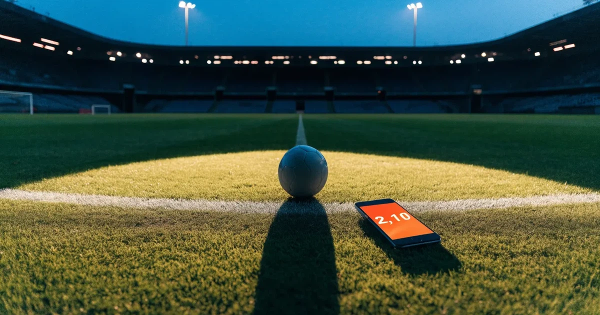 Ein Fussball liegt auf dem Anstosspunkt eines leeren Rasenplatzes in der Abenddämmerung, dahinter leuchten Flutlichtmasten über einer Tribüne.