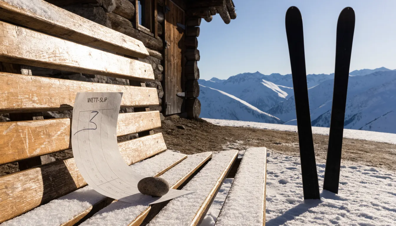 Zwei Skier stecken aufrecht im Schnee neben einer Holzhütte, dahinter ein weites Alpenpanorama bei klarem Himmel.