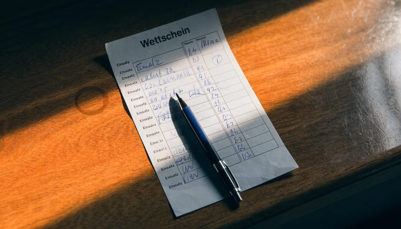 Ein leerer Wettschein aus Papier und ein Kugelschreiber liegen auf einer hölzernen Theke im Nachmittagslicht.