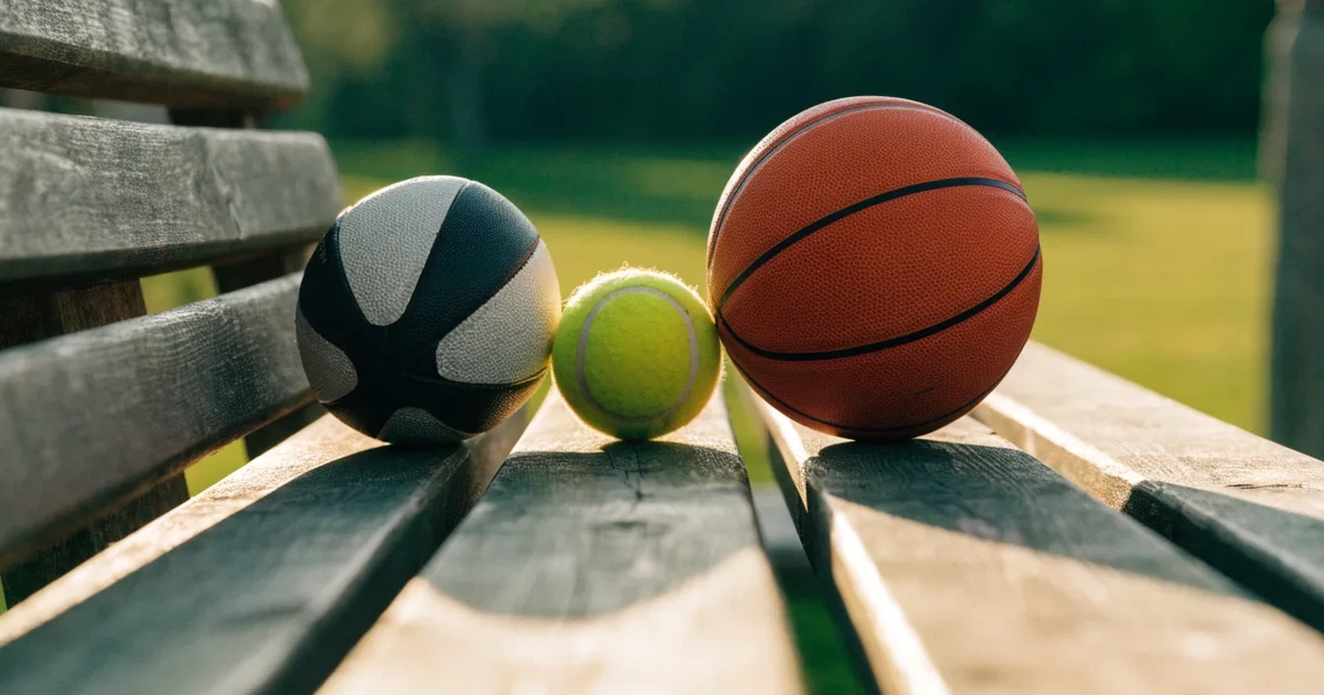 Drei Sportbälle, ein Fussball, ein Tennisball und ein Basketball, liegen nebeneinander auf einer Holzbank.