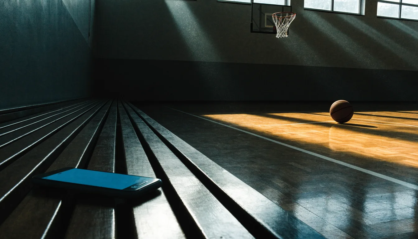 Ein Basketballkorb hängt in einer leeren Turnhalle, durch hohe Fenster fällt Licht auf das Holzparkett.
