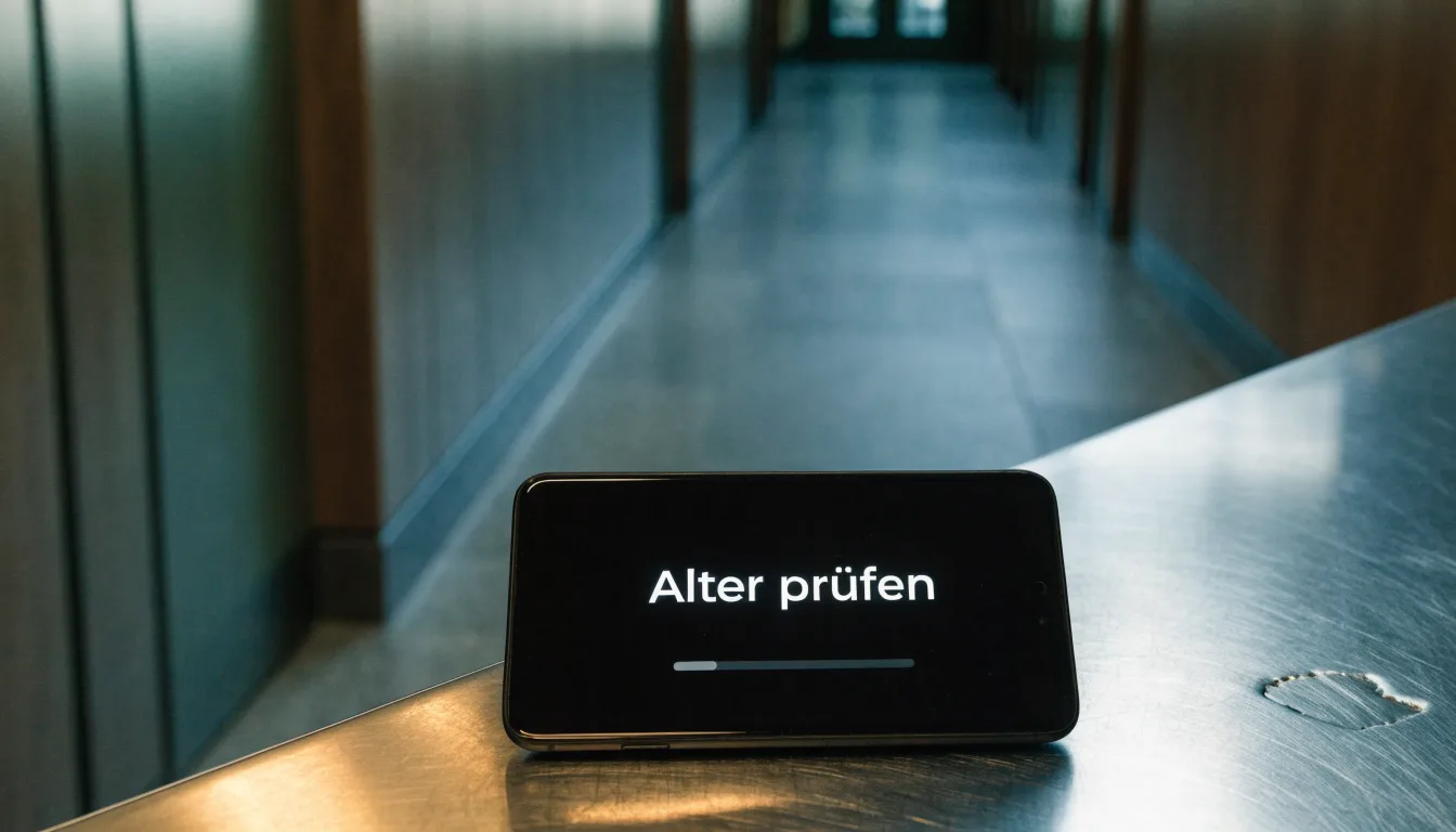 Ein langer, leerer Flur in einem Verwaltungsgebäude mit Holztüren und Steinboden im kühlen Tageslicht.