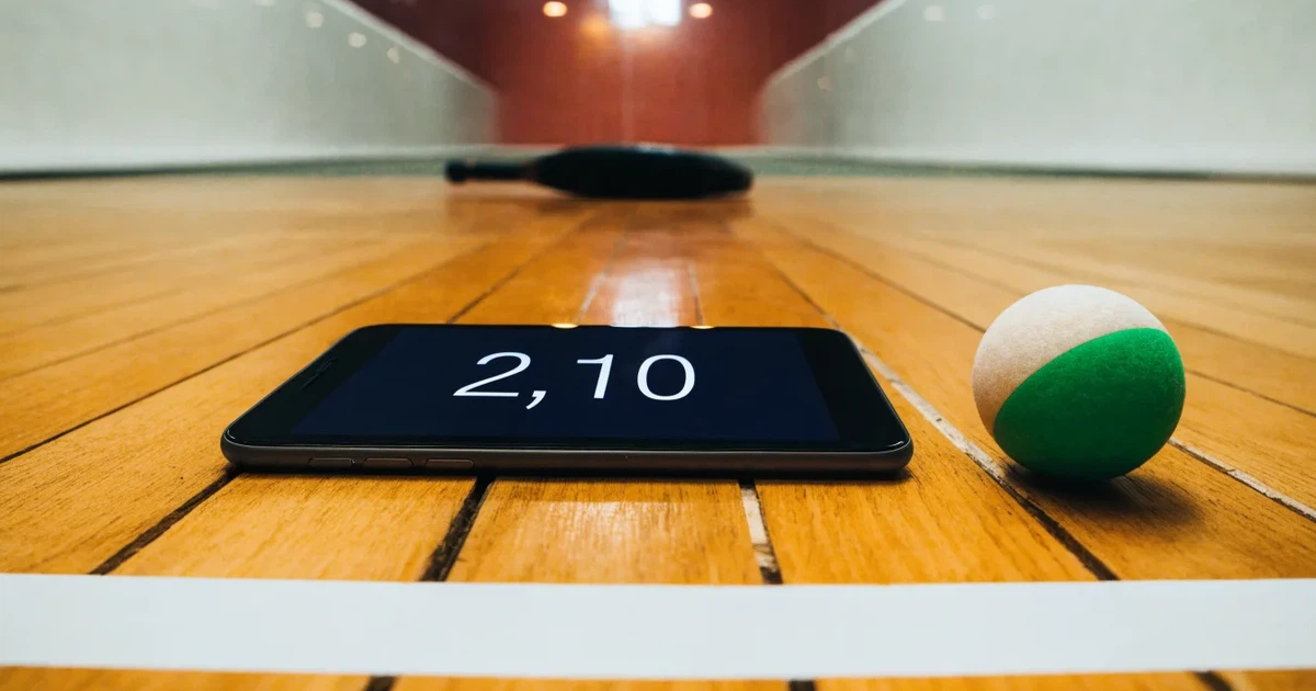 Ein leerer Squashcourt mit weissen Wänden und hellem Holzboden, ein Ball liegt in der Mitte, Deckenlicht spiegelt sich im Parkett.