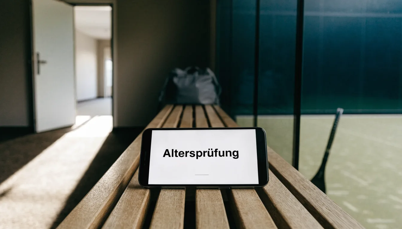 Ein Squashschläger lehnt an der Glaswand eines leeren Courts, draussen fällt Tageslicht in den Gang.