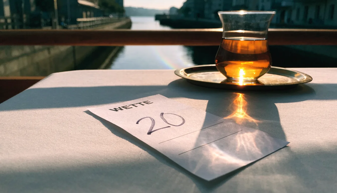 Ein Teeglas auf einem kleinen Messingtablett steht auf einem Tisch eines Hafencafés, im Hintergrund glitzert eine Meerenge.