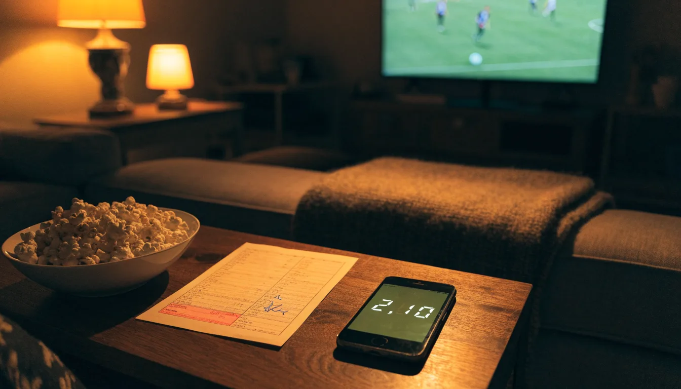 Ein Sofa mit Wolldecke und eine Schale Popcorn auf dem Couchtisch in einem Wohnzimmer bei Lampenlicht am späten Abend.