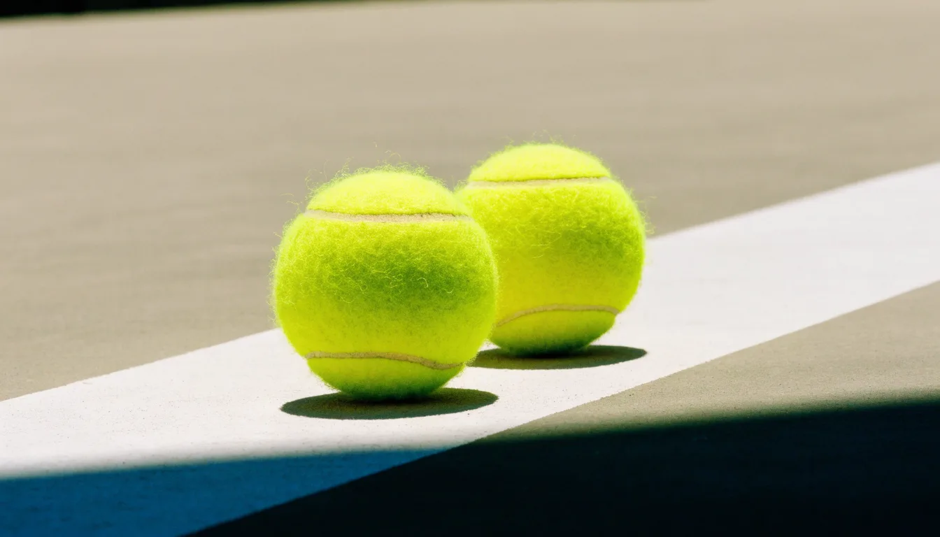 Zwei Tennisbälle liegen auf der weissen Grundlinie eines Hartplatzes im grellen Sonnenlicht.