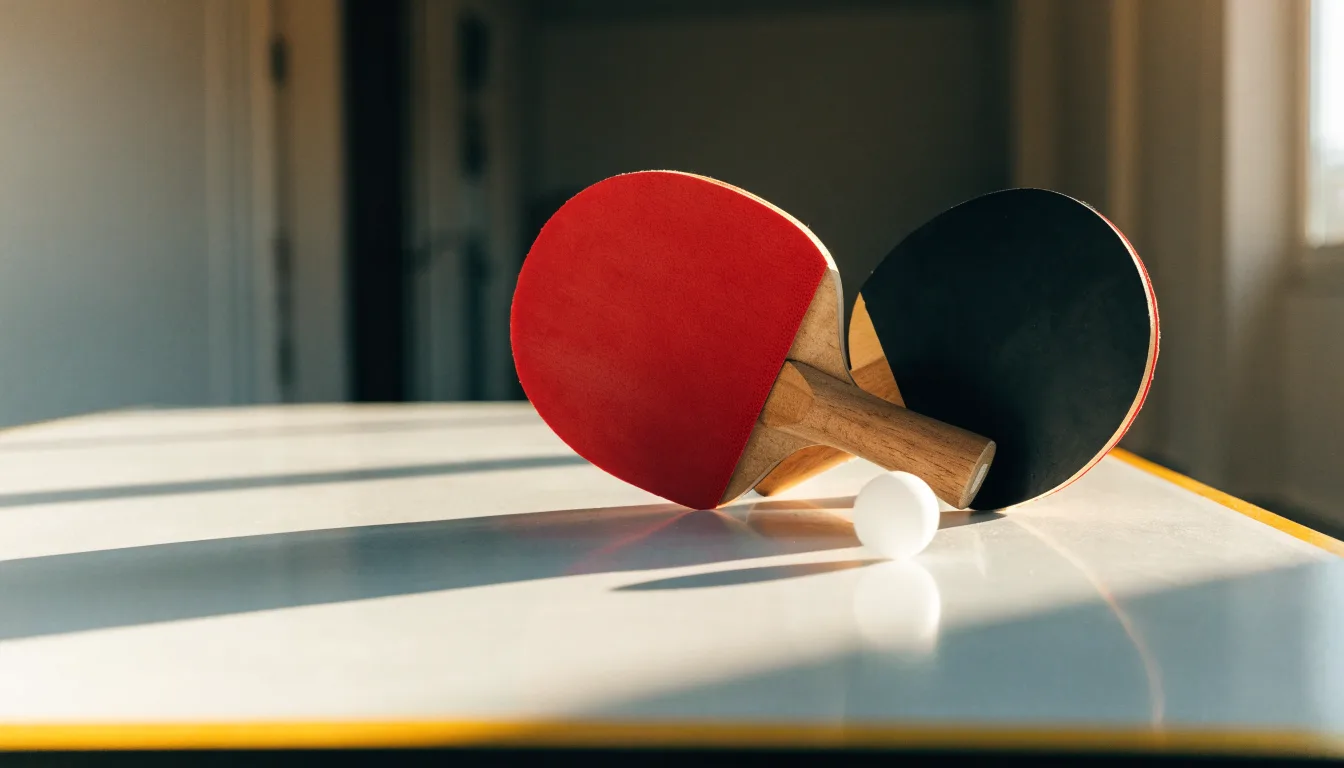 Zwei Tischtennisschläger liegen gekreuzt am Rand einer Platte, daneben ein kleiner weisser Ball.