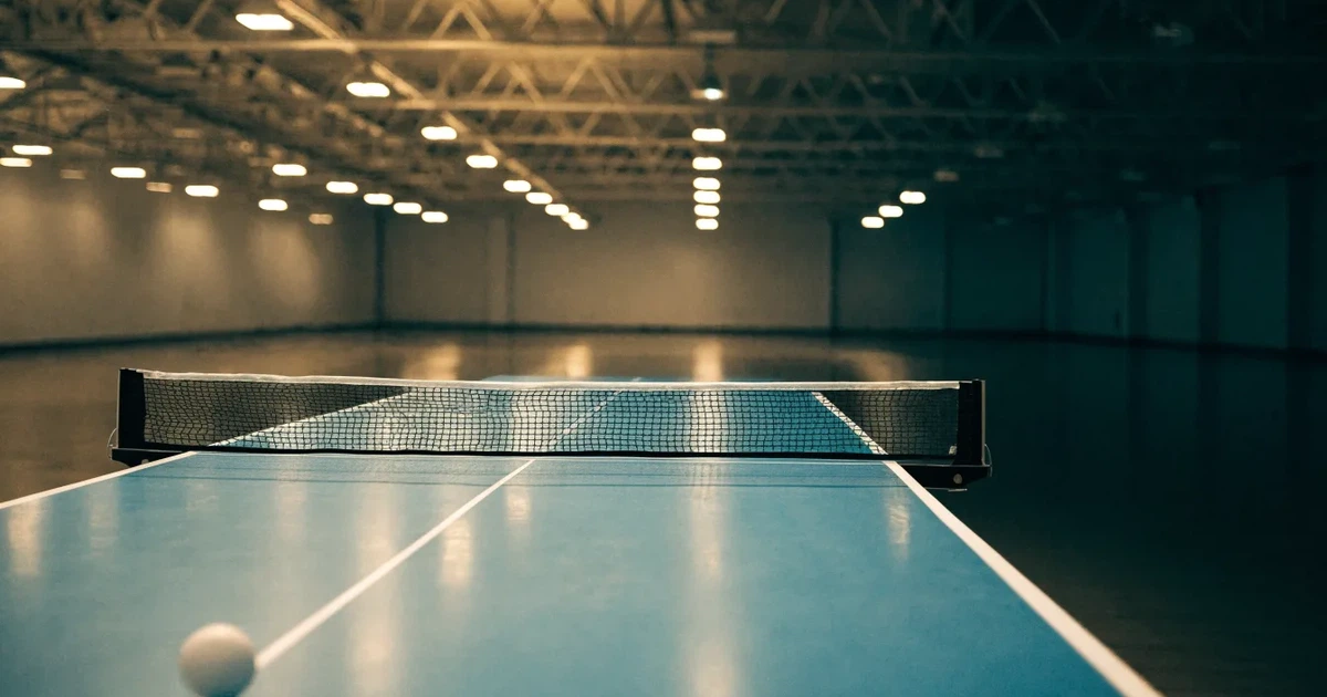 Eine Tischtennisplatte mit Netz in einer leeren Sporthalle, ein heller Ball liegt auf einer Seite, Deckenlicht spiegelt sich im Hallenboden.