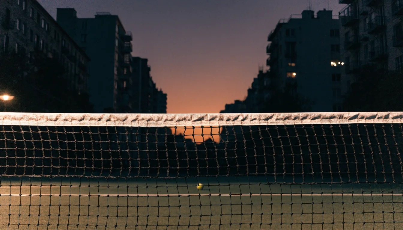Die Hochhäuser einer Grossstadt in der Dämmerung, gesehen von einem Park, im Vordergrund ein gespanntes Tennisnetz.