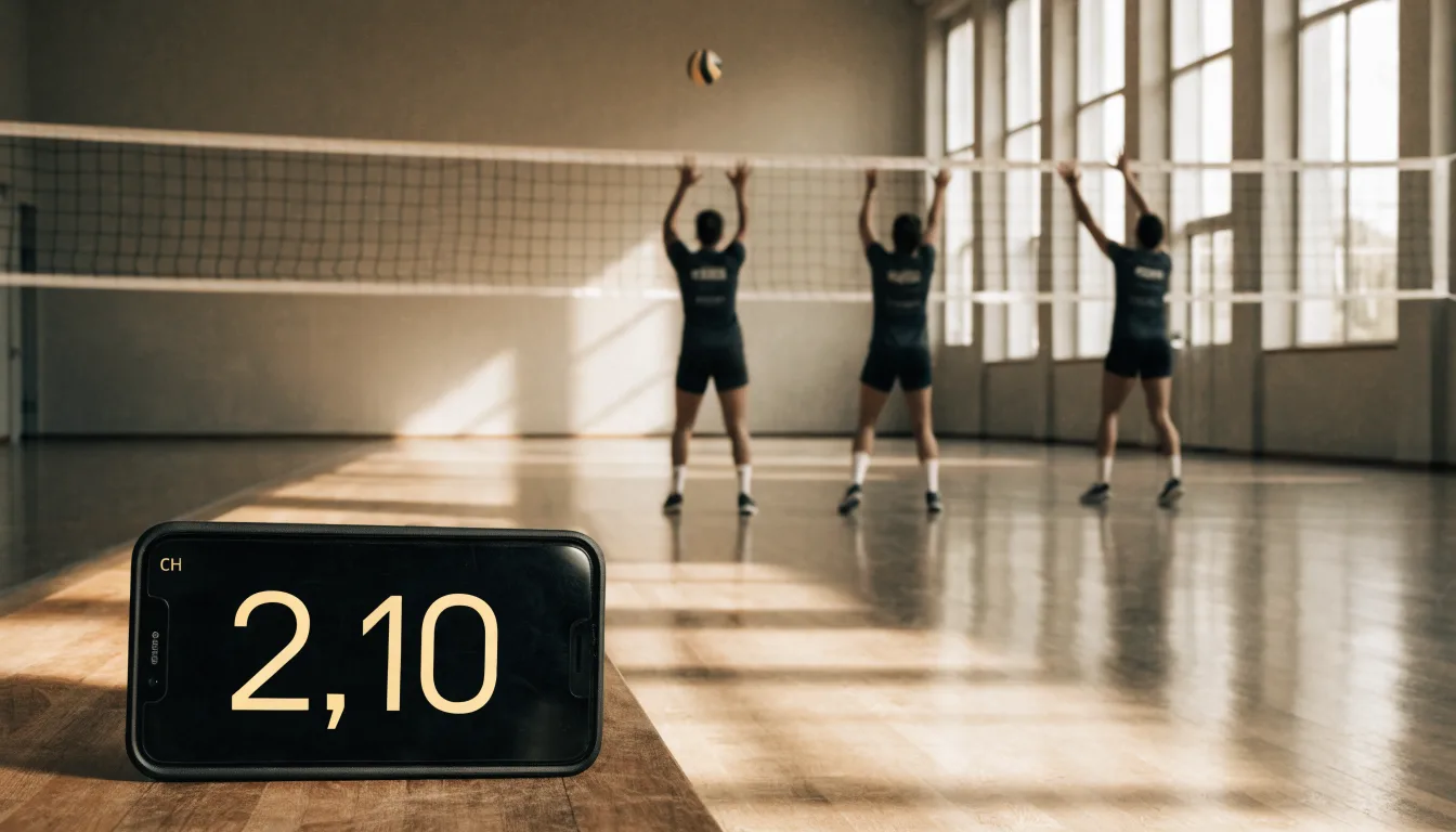 Eine Sporthalle mit gespanntem Volleyballnetz über poliertem Holzboden, hohe Fenster lassen Tageslicht herein.