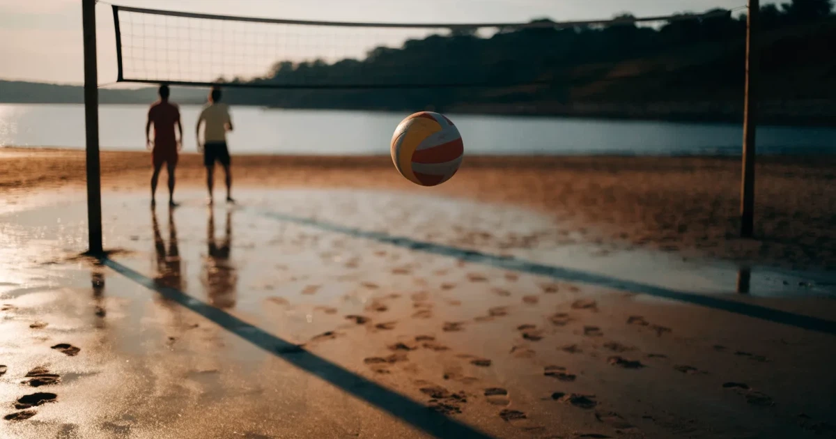 Ein Volleyball liegt im Sand eines Beachplatzes, zwischen zwei Pfosten ist ein Netz gespannt, tiefe Abendsonne wirft lange Schatten.