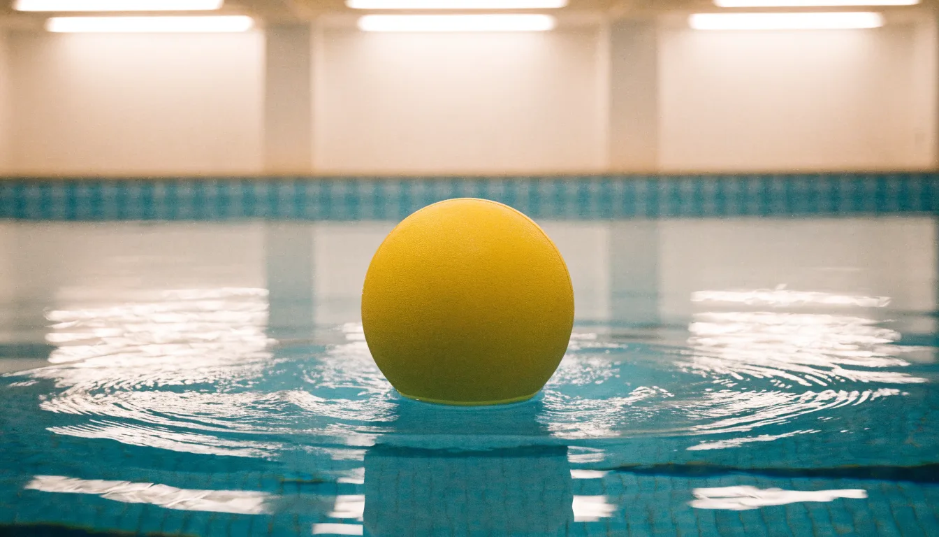 Ein gelber Ball treibt auf ruhigem türkisfarbenem Beckenwasser, feine Wellen im weichen Licht.