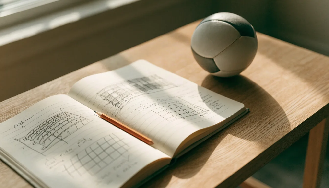 Ein aufgeschlagenes Notizbuch mit Bleistiftskizzen und ein kleiner Fussball liegen auf einem Holztisch im Tageslicht.
