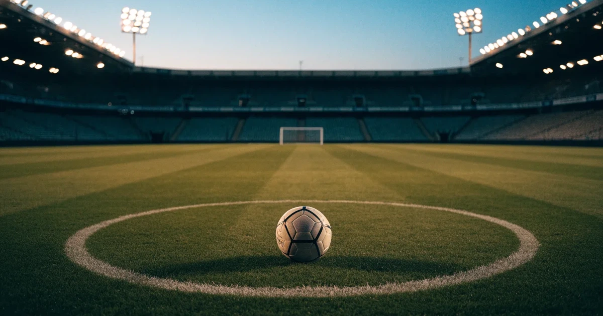 Ein Fussball liegt auf dem Anstosspunkt eines leeren Rasenplatzes, dahinter ragen die Ränge eines grossen Stadions in der Abenddämmerung auf.