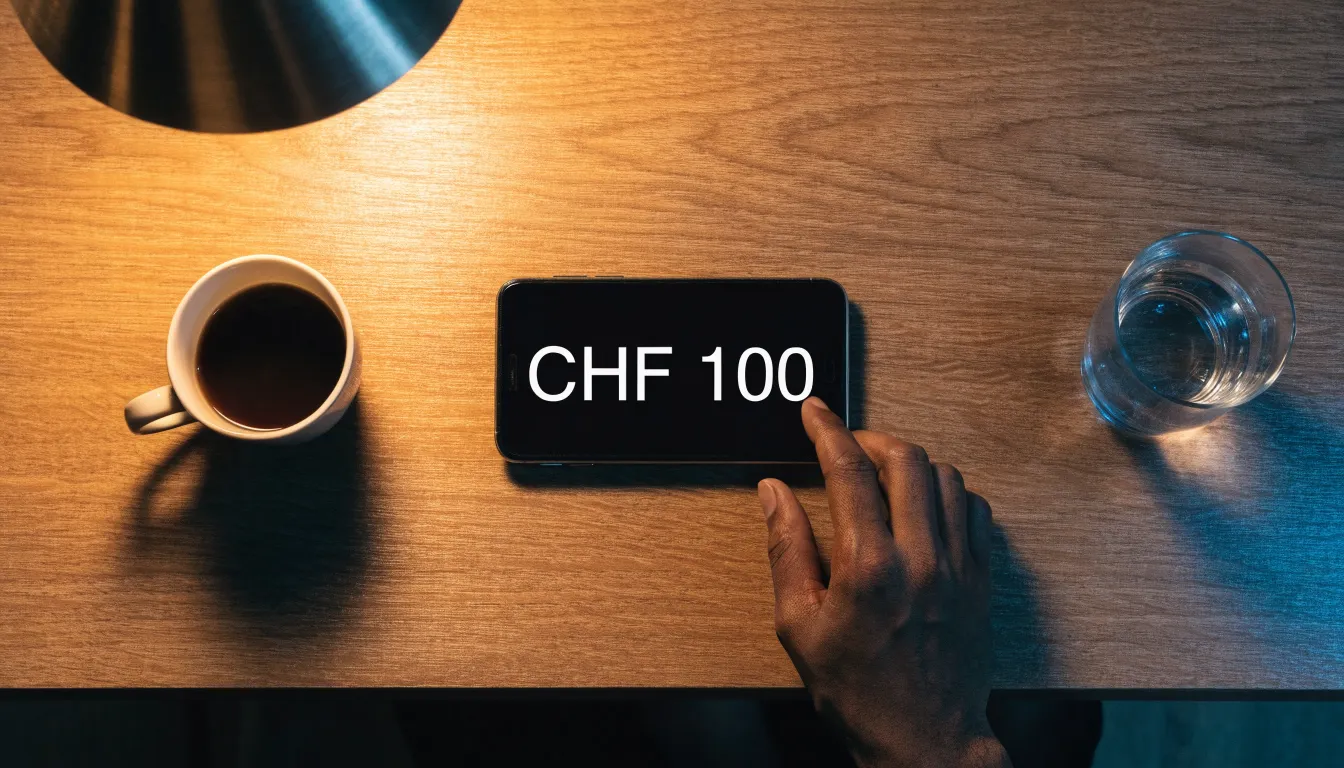 Ein Smartphone mit dunklem Display liegt neben einer Kaffeetasse und einem Glas Wasser auf einem Holztisch im Licht einer Lampe.