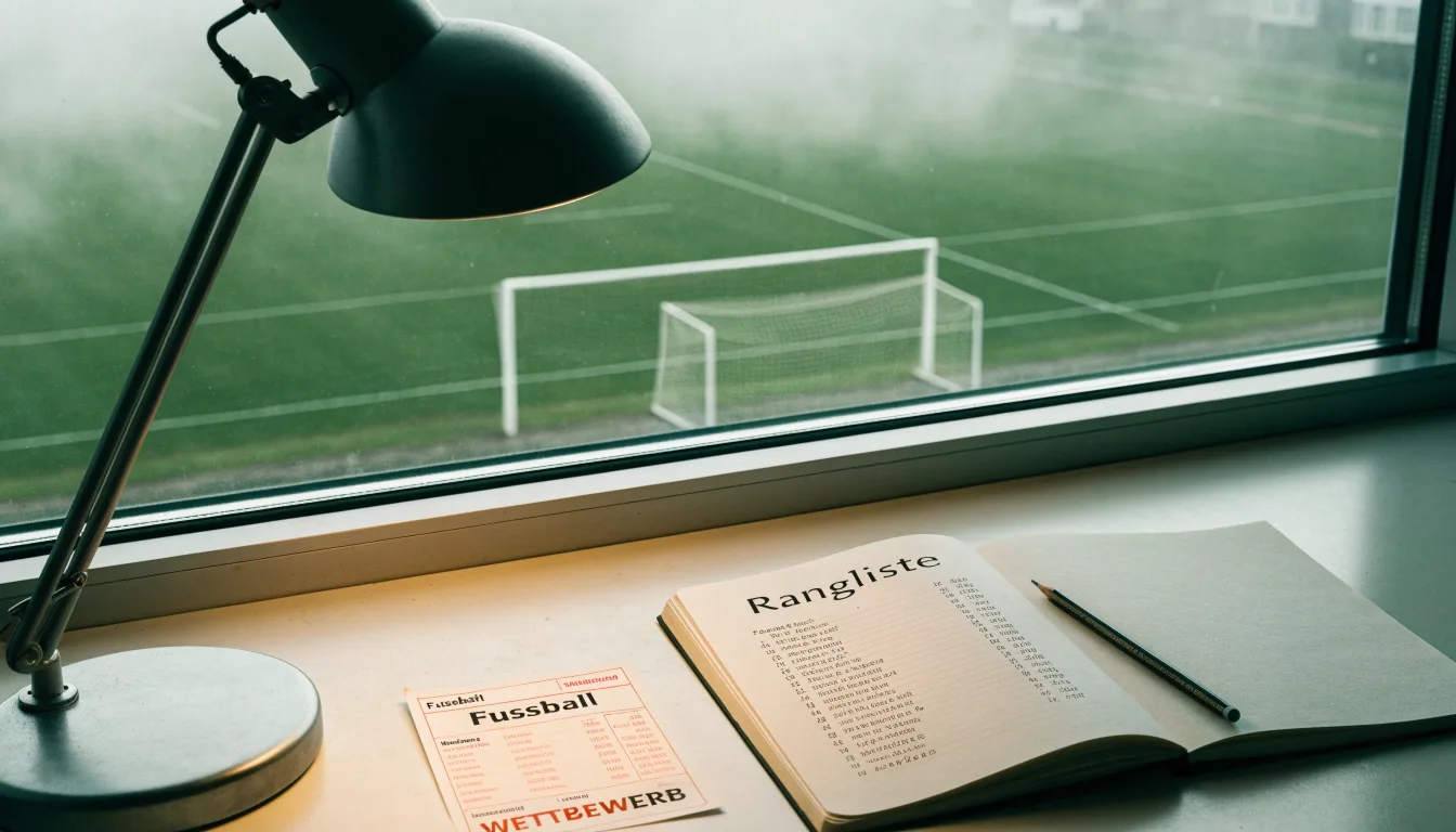 Ein Schreibtisch am Fenster mit Schreibtischlampe, Bleistift und leerem Block, draussen liegt ein Fussballplatz im Dunst.