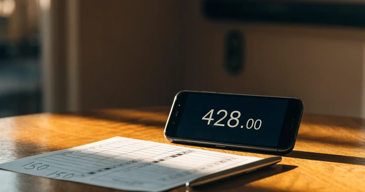Ein kleines Geschenk mit Schleife steht auf einem Holztisch neben einem Smartphone mit dunklem Display im Seitenlicht.