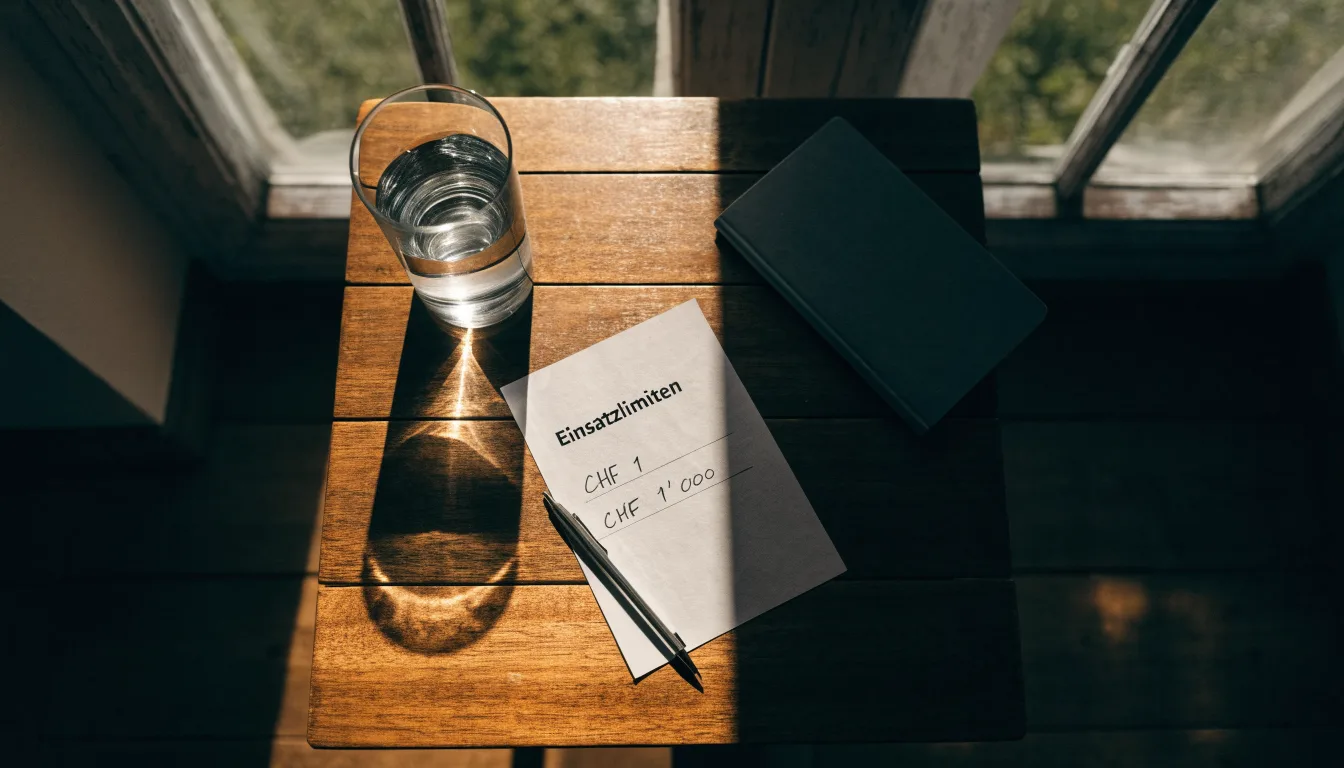 Ein Glas steht bis zum Rand gefüllt auf einem Holztisch, daneben ein Kugelschreiber und ein leeres Blatt Papier im Seitenlicht.