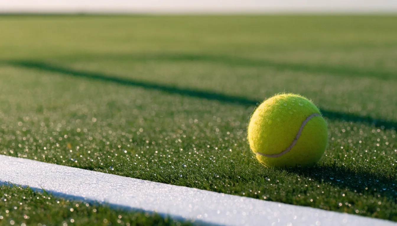 Ein gelber Tennisball liegt im Gras neben der weissen Grundlinie, Tau glitzert auf den Halmen im flachen Sonnenlicht.