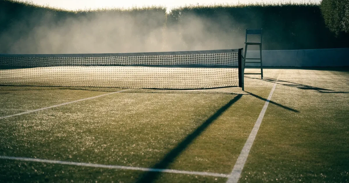 Ein Tennisplatz aus Rasen im ersten Morgenlicht mit frisch gezogenen Linien, einem Netz und einem leeren Schiedsrichterstuhl, dahinter hohe Hecken.