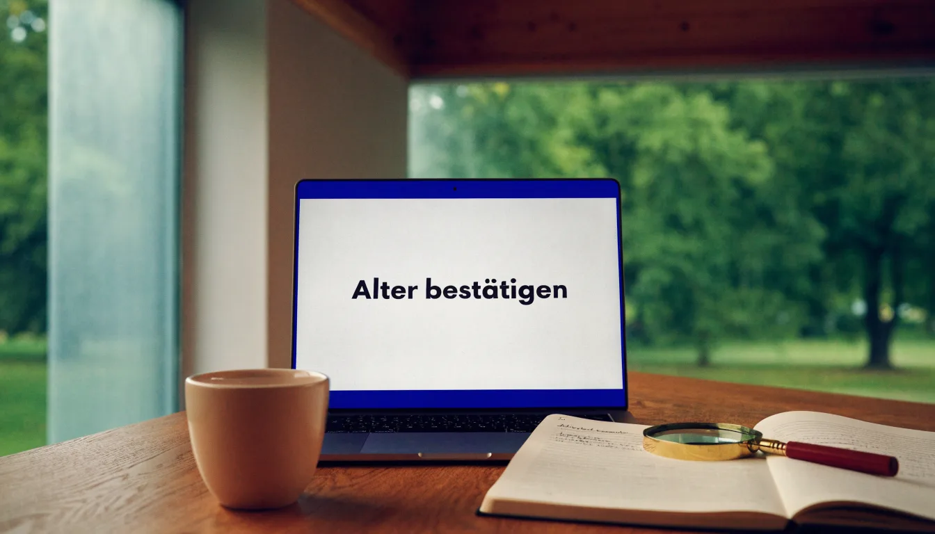 Ein Holzschreibtisch in einem hellen Büro mit Blick auf einen Park, darauf eine Lupe und ein leerer Notizblock.