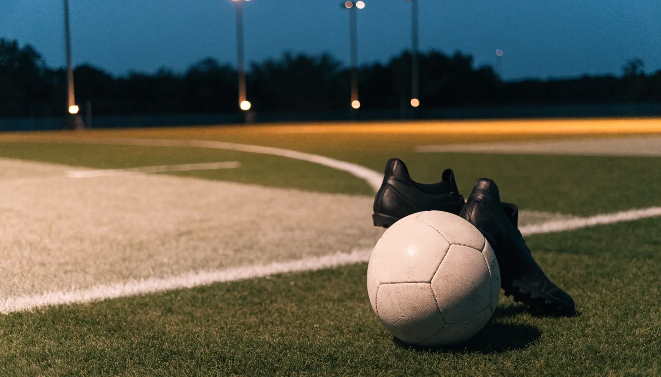 Ein Fussball und ein Paar Stollenschuhe stehen am Rand eines Kunstrasenplatzes, Flutlichtmasten ragen in den Abendhimmel.