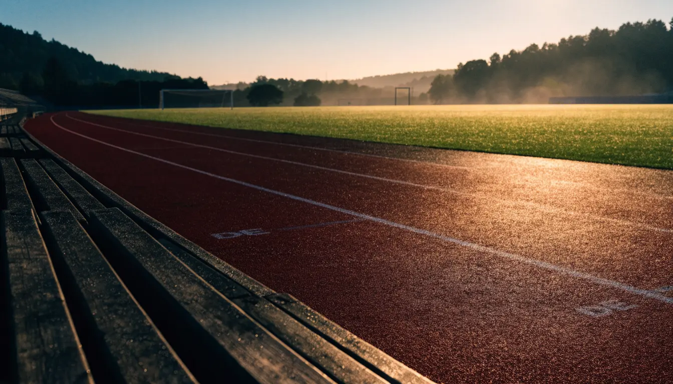 Eine rote Laufbahn umringt ein Fussballfeld beim Sonnenaufgang, auf dem Rasen liegt Tau.