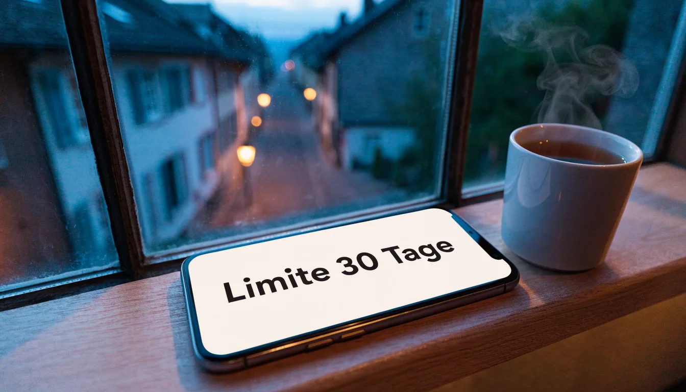 Eine Sanduhr steht auf einem Fensterbrett neben einer Tasse Tee, draussen dämmert es über einer ruhigen Strasse.