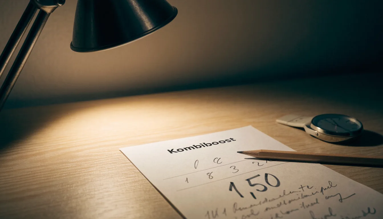 Eine Armbanduhr und ein gespitzter Bleistift liegen auf einem hellen Holztisch im Licht einer Schreibtischlampe.