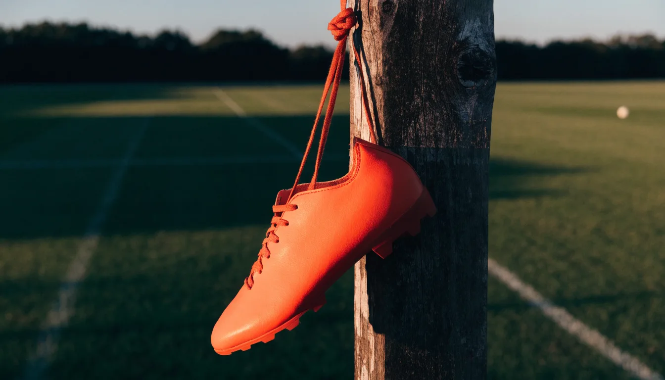 Ein Fussballschuh hängt an den Schnürsenkeln an einem Zaunpfosten neben einem Trainingsplatz im Abendlicht.
