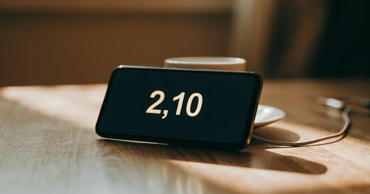 Ein Smartphone mit dunklem Display liegt auf einem Holztisch neben einem Ladekabel und einer Kaffeetasse.