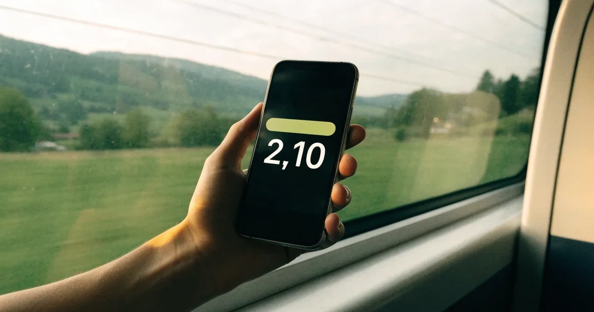 Eine Hand hält ein Smartphone mit schwarzem Bildschirm vor einem Zugfenster, draussen ziehen Hügel und Wiesen vorbei.