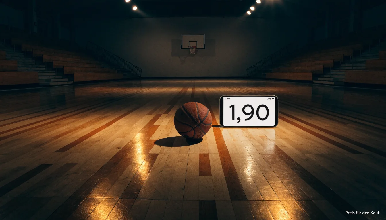 Ein Basketball liegt auf dem Parkett einer leeren Sporthalle im Licht der Deckenlampen.