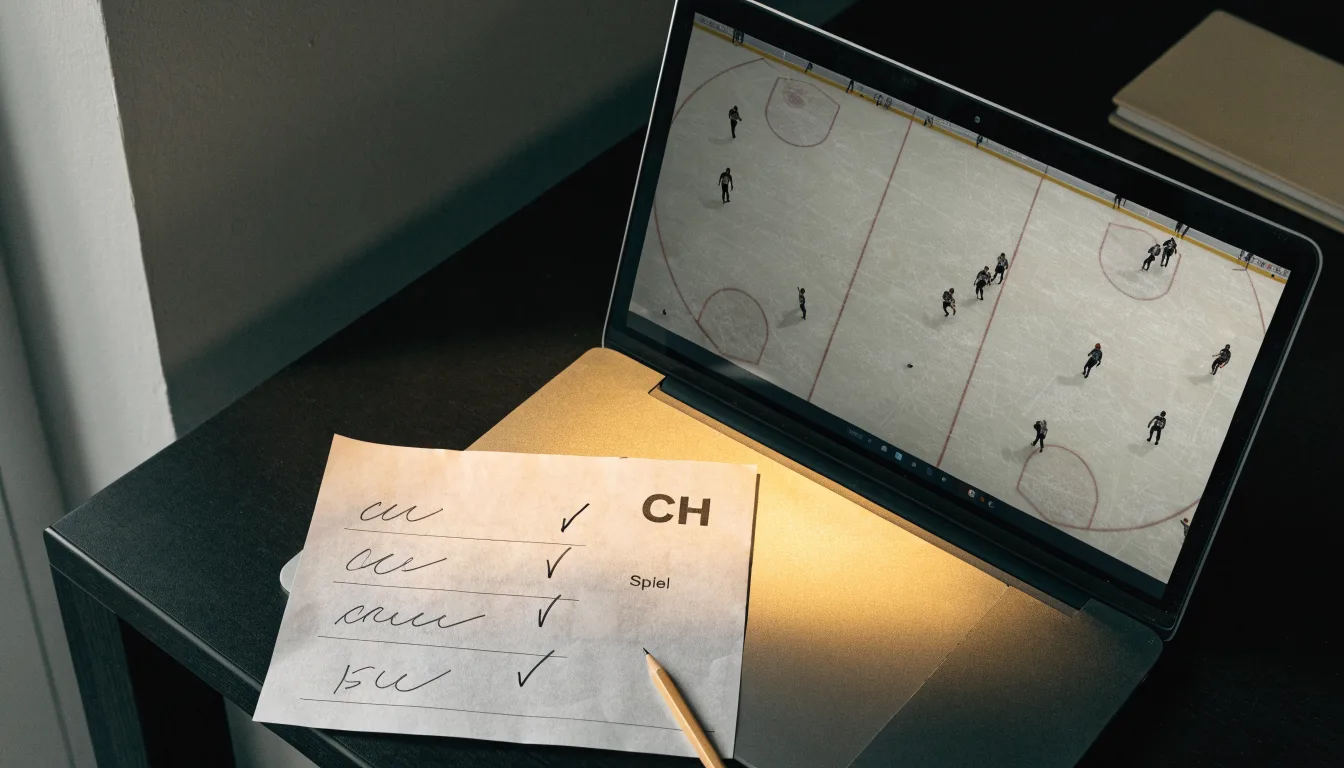 Ein Eishockeyschläger lehnt an der Bande einer leeren Halle, auf dem Eis spiegeln sich die Deckenlampen.